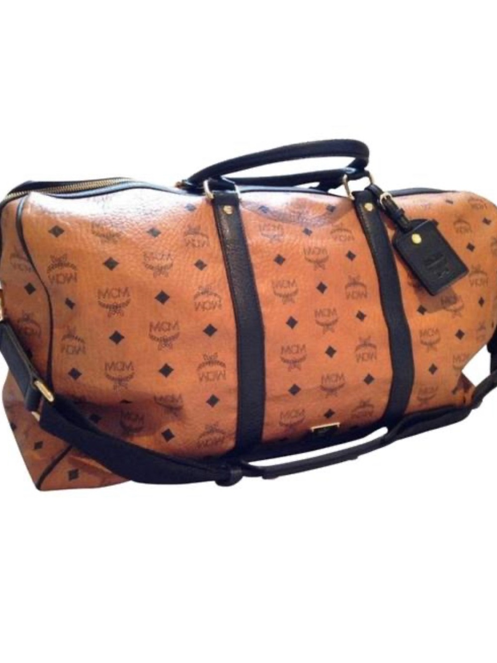 AUTHENTIC MCM Cognac Monogram Duffel with Black Trim